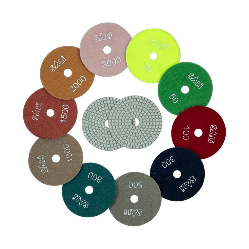 SALI 10 Pack Diamond Polishing Pads 4 Inch Wet Granite Stone Polish Pad Kit for Drill, Grinder, Polisher Polishing Pad for Concrete Marble Stone Countertop Quartz 30-3000 Grit - Image 1